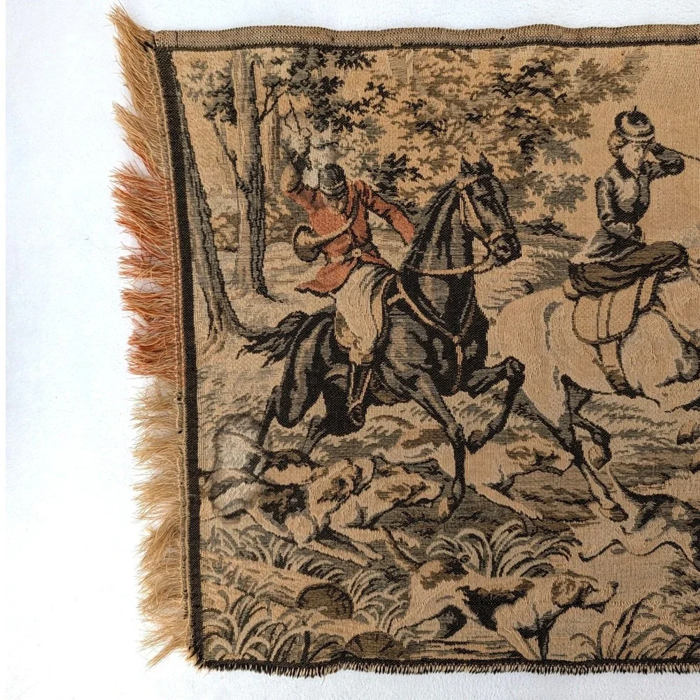 Belgian Vintage Fox Hunt Woven Tapestry Equestrian‎ Wall Hanging 45x19